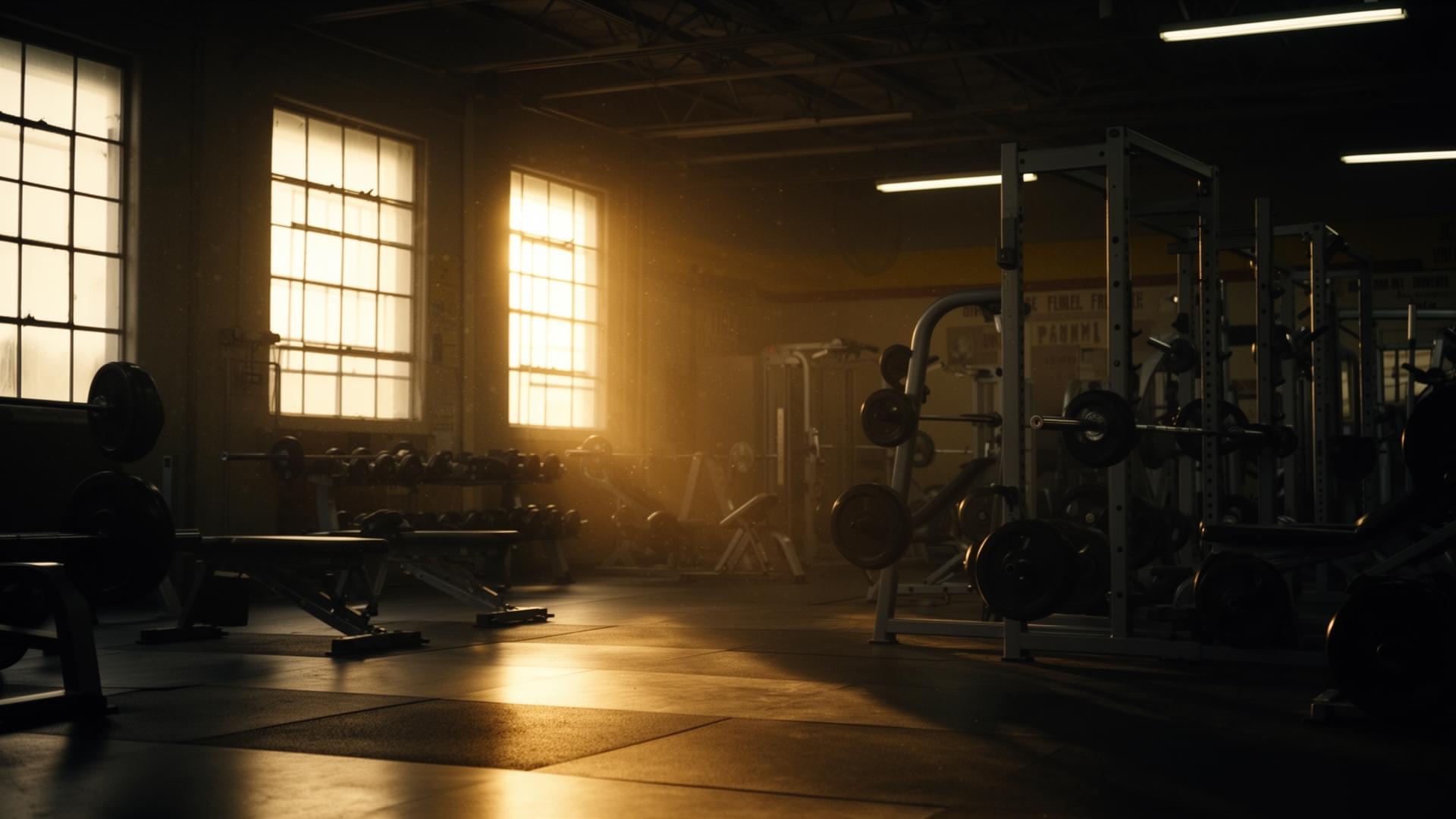 High school weight room at golden hour